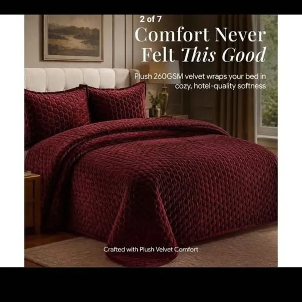 Plush Velvet Honeycomb Quilt Set in Burgundy with 2 Shams - new